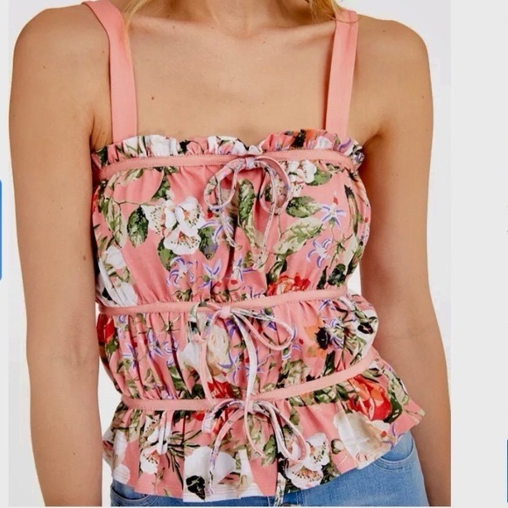 INC Floral Ruched Tank‎ Top Womens XS Pink Smocked Cotton Coquette Cottagecore